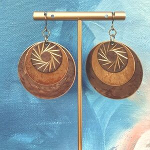 Vintage Chic Layered Handmade Copper Brass Layered Circle Dangle Etched Earrings